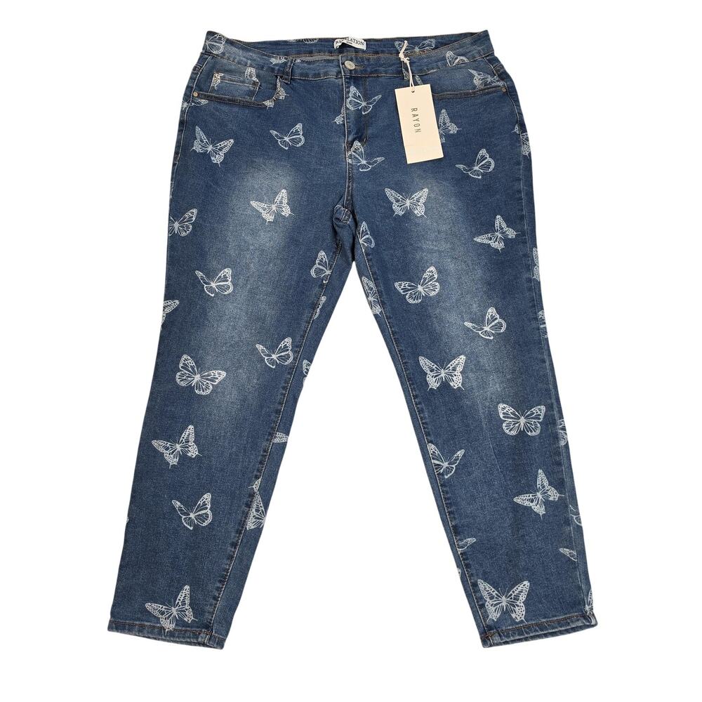 Revelation Denim Jeans Womens 20W Blue Medium Wash Skinny Butterfly Print Plus